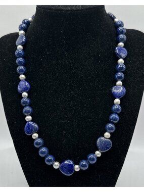 Artisan Stone Bead Necklace Freshwater Pearl Lapis Lazuli 19" Collar Handmade